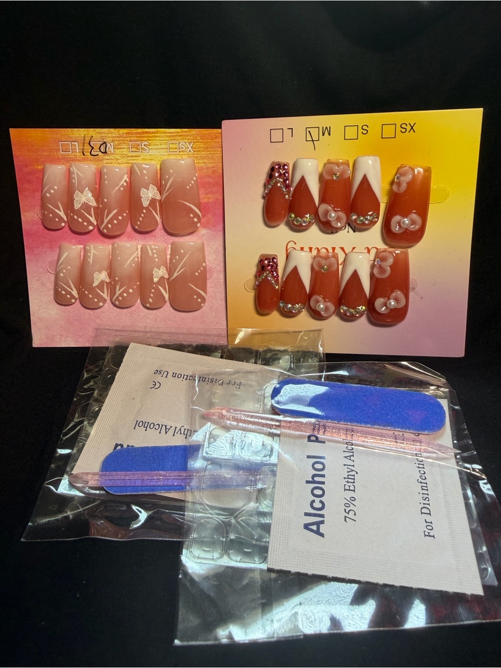 Press-On Nail Set with Pink butterfly ombré and French with Floral Accents